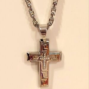 Men's Heavy Silver Cross Pendant Necklace On Byzantine Chain NICE 👀‼️